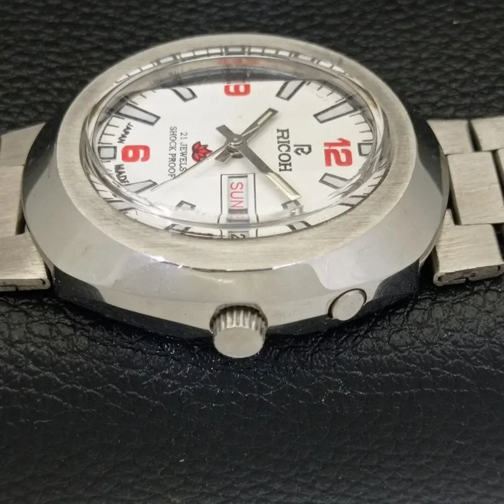 Vintage 1980 Ricoh Automatic Mens Silver Watch W/daydate & Red accents